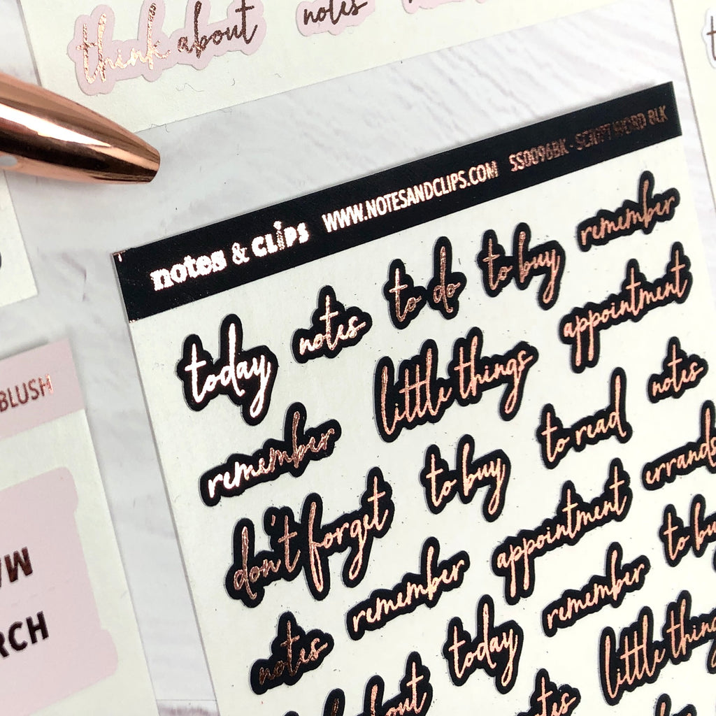 Black and Rose Gold Foil Script Word Stickers - Notes & Clips