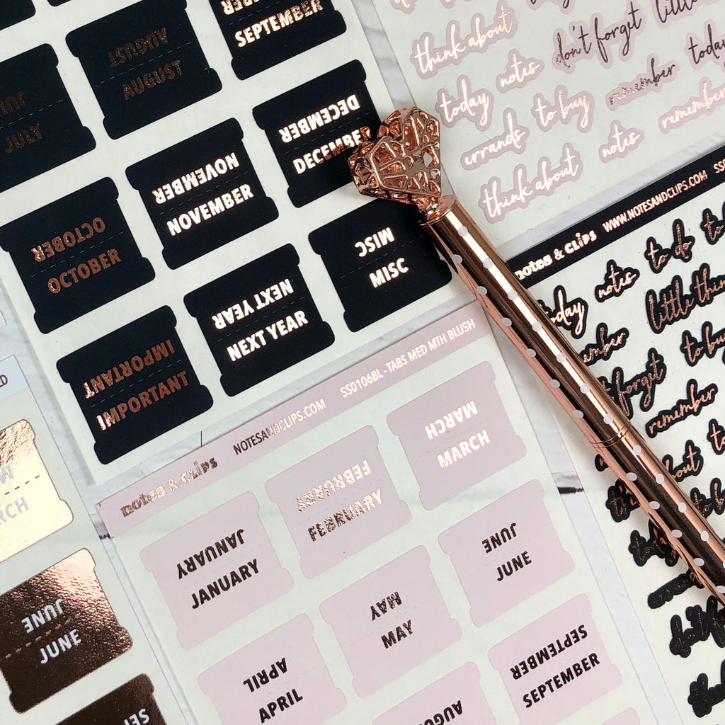 Black & Rose Gold Medium Monthly Tab Stickers - Notes & Clips