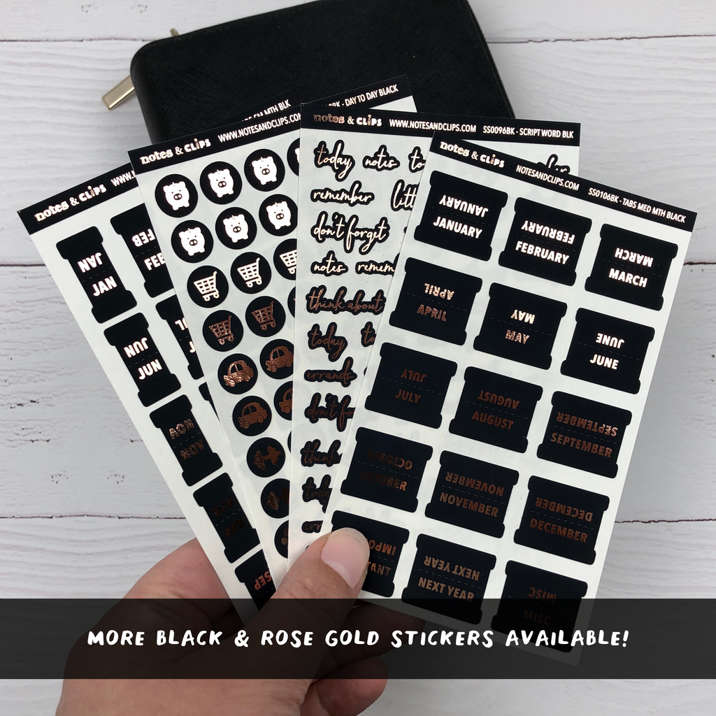 Black & Rose Gold Foil Small Monthly Tab Stickers - Notes & Clips