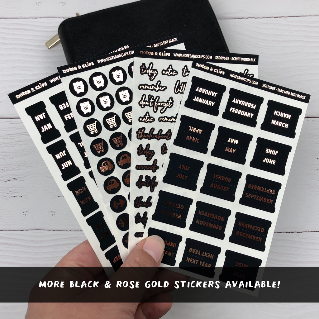 Black & Rose Gold Medium Monthly Tab Stickers - Notes & Clips