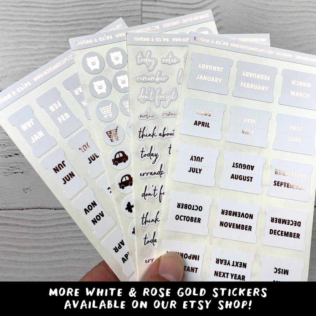 White and Rose Gold Foil Script Word Stickers - Notes & Clips
