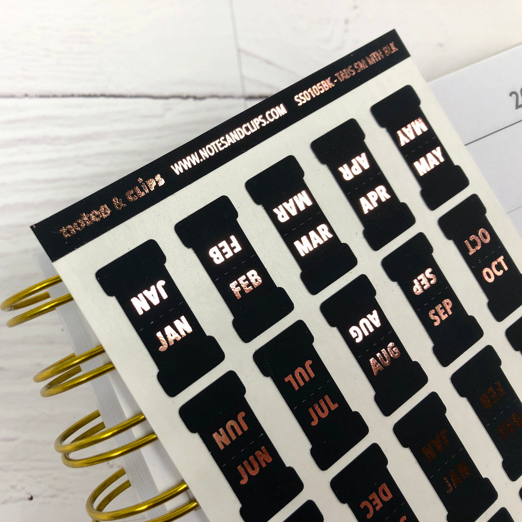 Black & Rose Gold Foil Small Monthly Tab Stickers - Notes & Clips