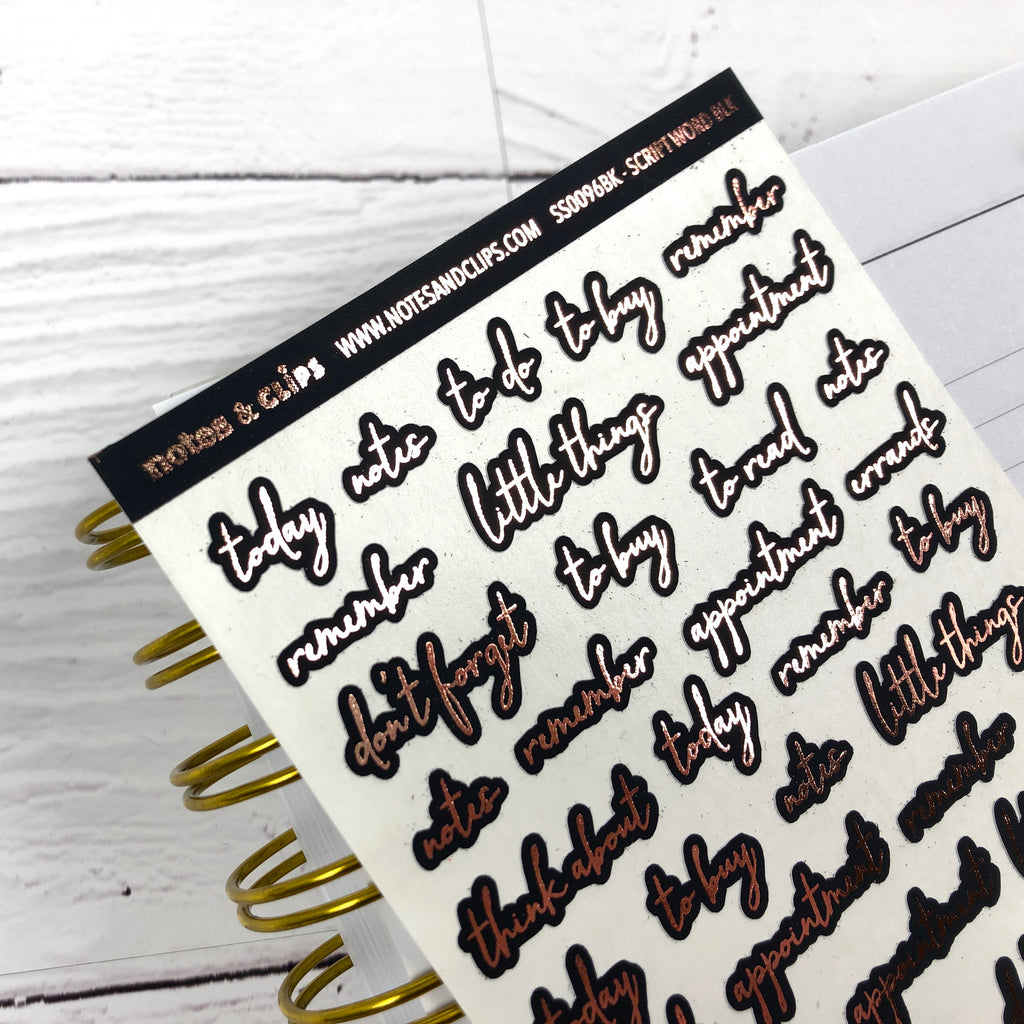Black and Rose Gold Foil Script Word Stickers - Notes & Clips