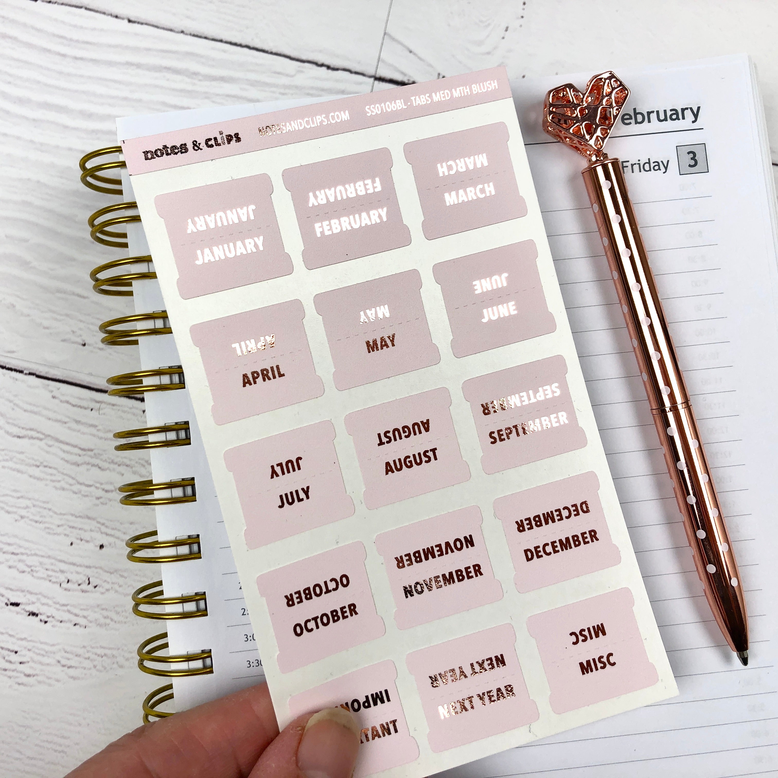 Blush & Rose Gold Medium Monthly Tab Stickers - Notes & Clips