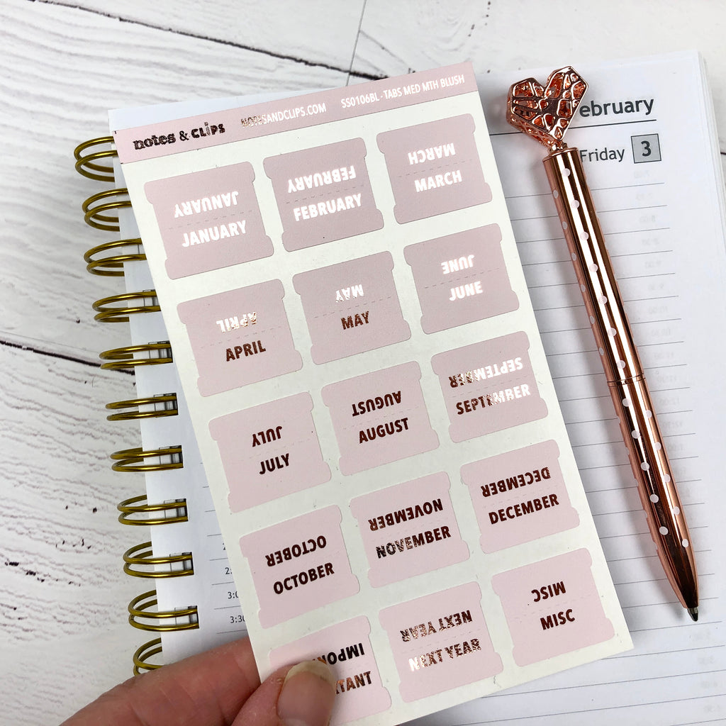 Blush & Rose Gold Medium Monthly Tab Stickers - Notes & Clips