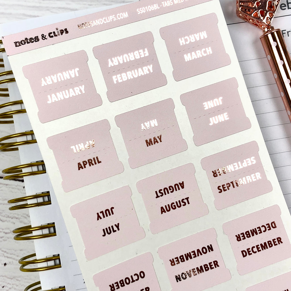 Blush & Rose Gold Medium Monthly Tab Stickers - Notes & Clips