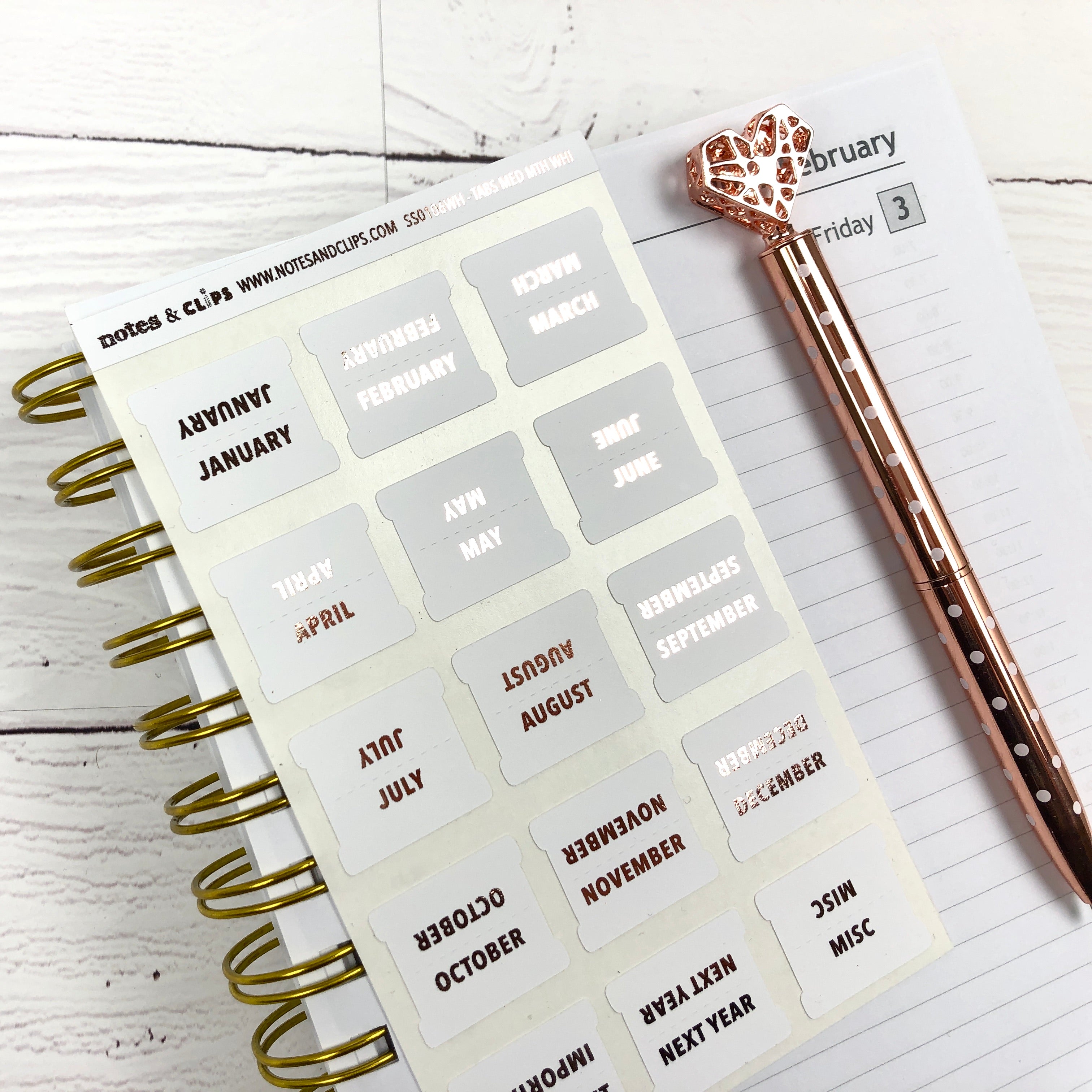 White & Rose Gold Medium Monthly Tab Stickers - Notes & Clips