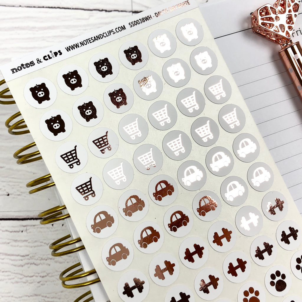 White and Rose Gold Foil Day to Day Stickers - Notes & Clips
