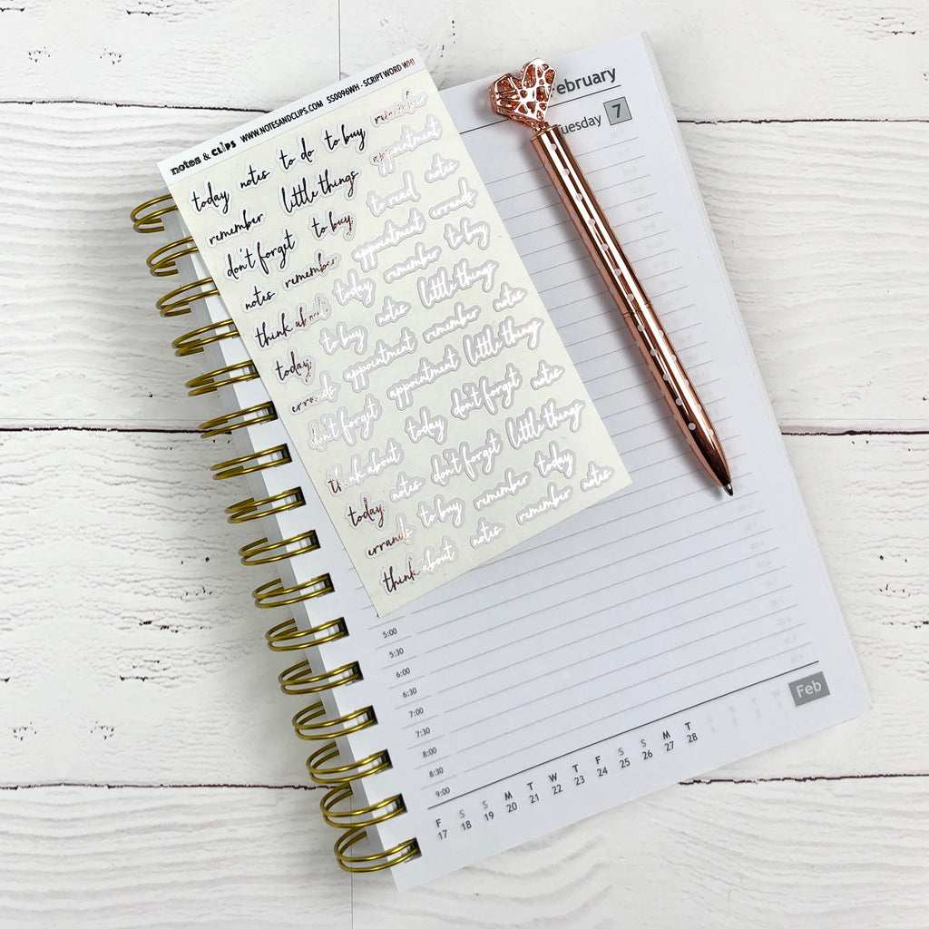 White and Rose Gold Foil Script Word Stickers - Notes & Clips