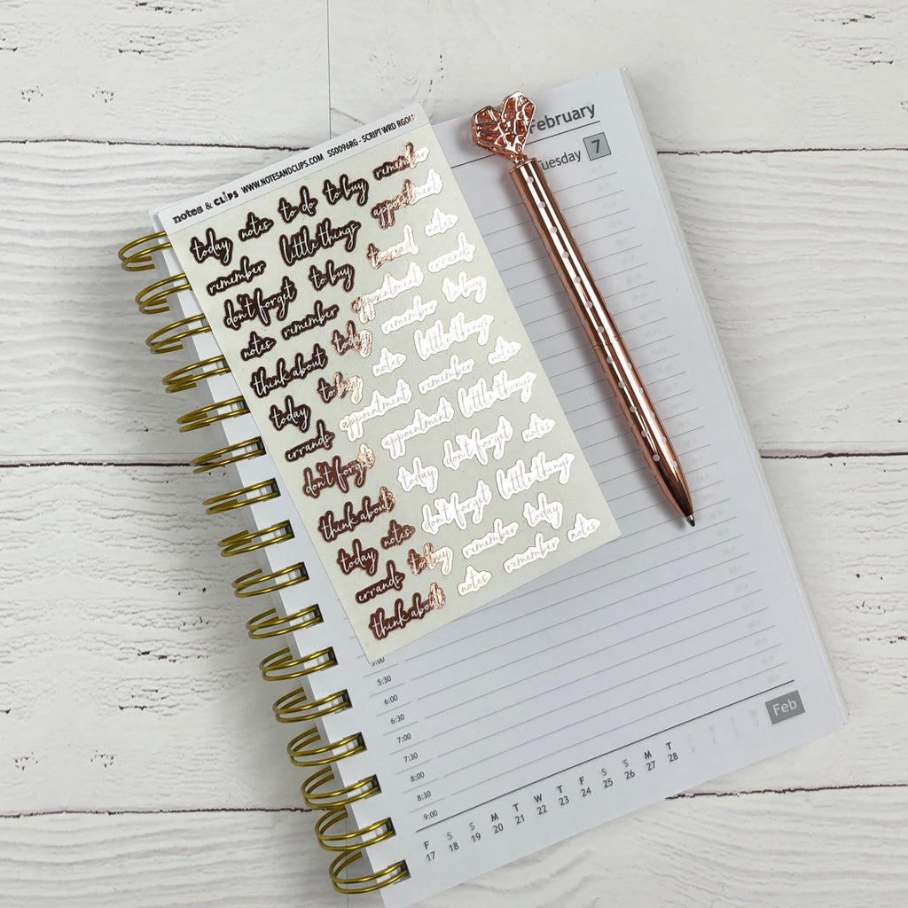 Rose Gold Foil Script Word Stickers - Notes & Clips