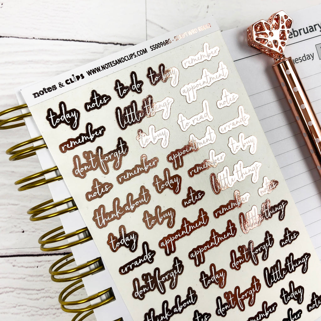 Rose Gold Foil Script Word Stickers - Notes & Clips