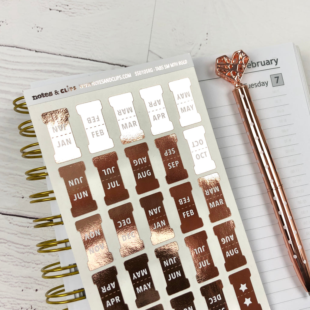 Rose Gold Small Monthly Tab Stickers - Notes & Clips