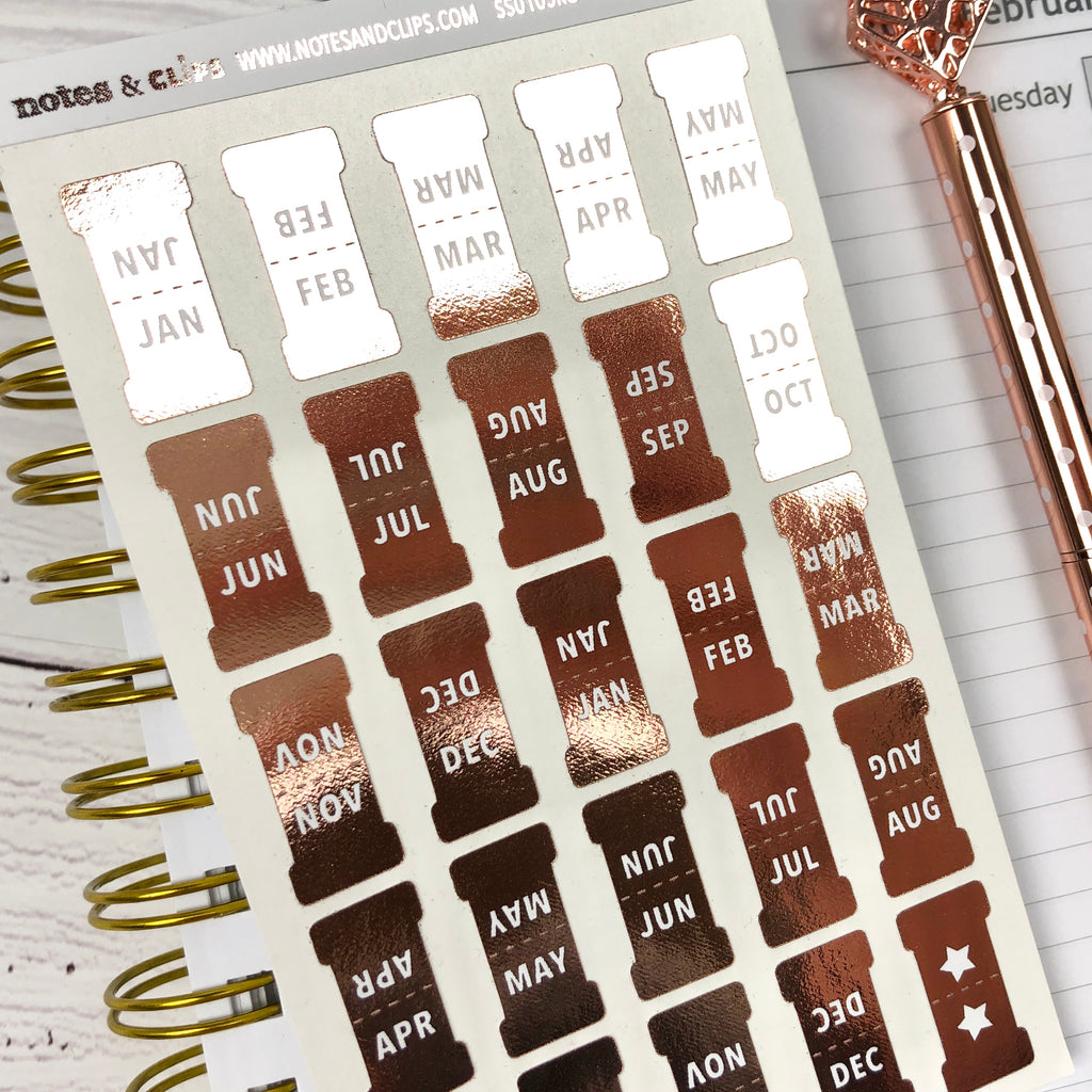 Rose Gold Small Monthly Tab Stickers - Notes & Clips