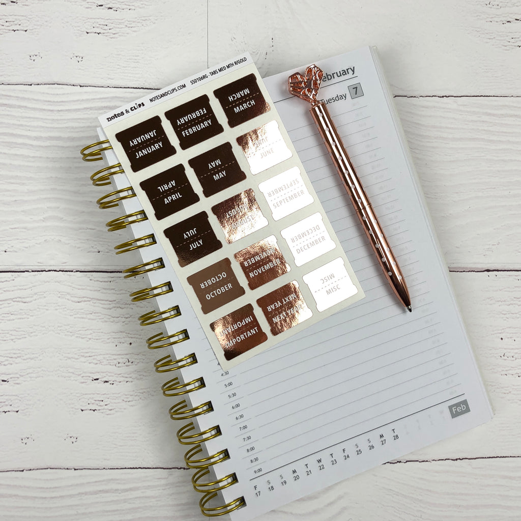 Rose Gold Foil Medium Monthly Tab Stickers - Notes & Clips