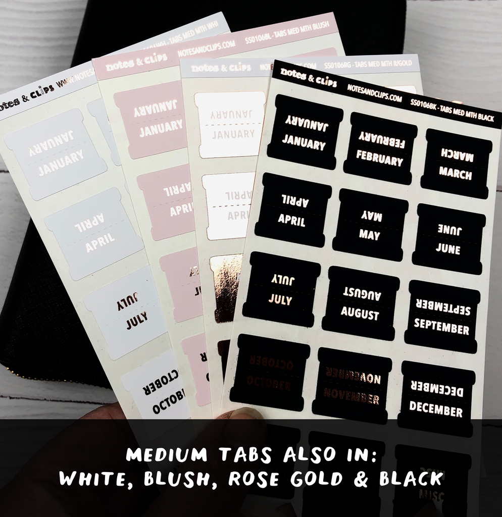 Black & Rose Gold Medium Monthly Tab Stickers - Notes & Clips