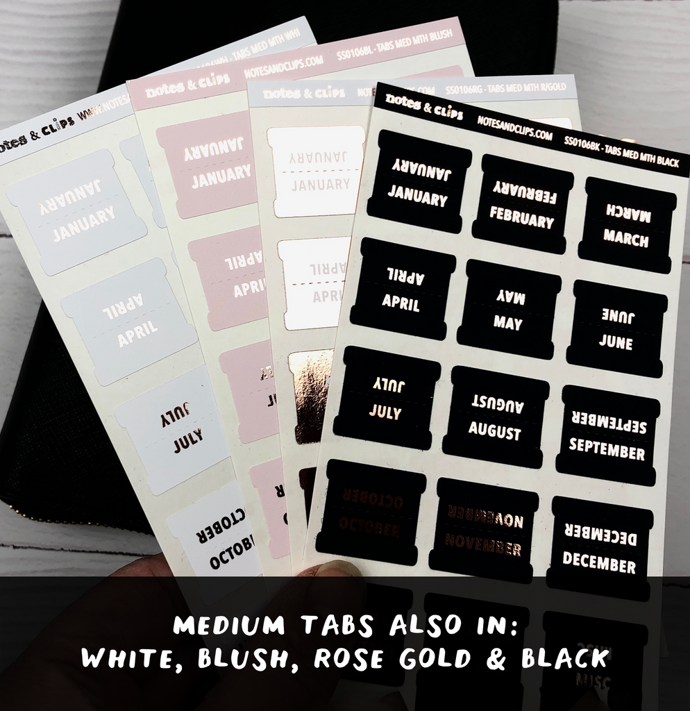 White & Rose Gold Medium Monthly Tab Stickers - Notes & Clips