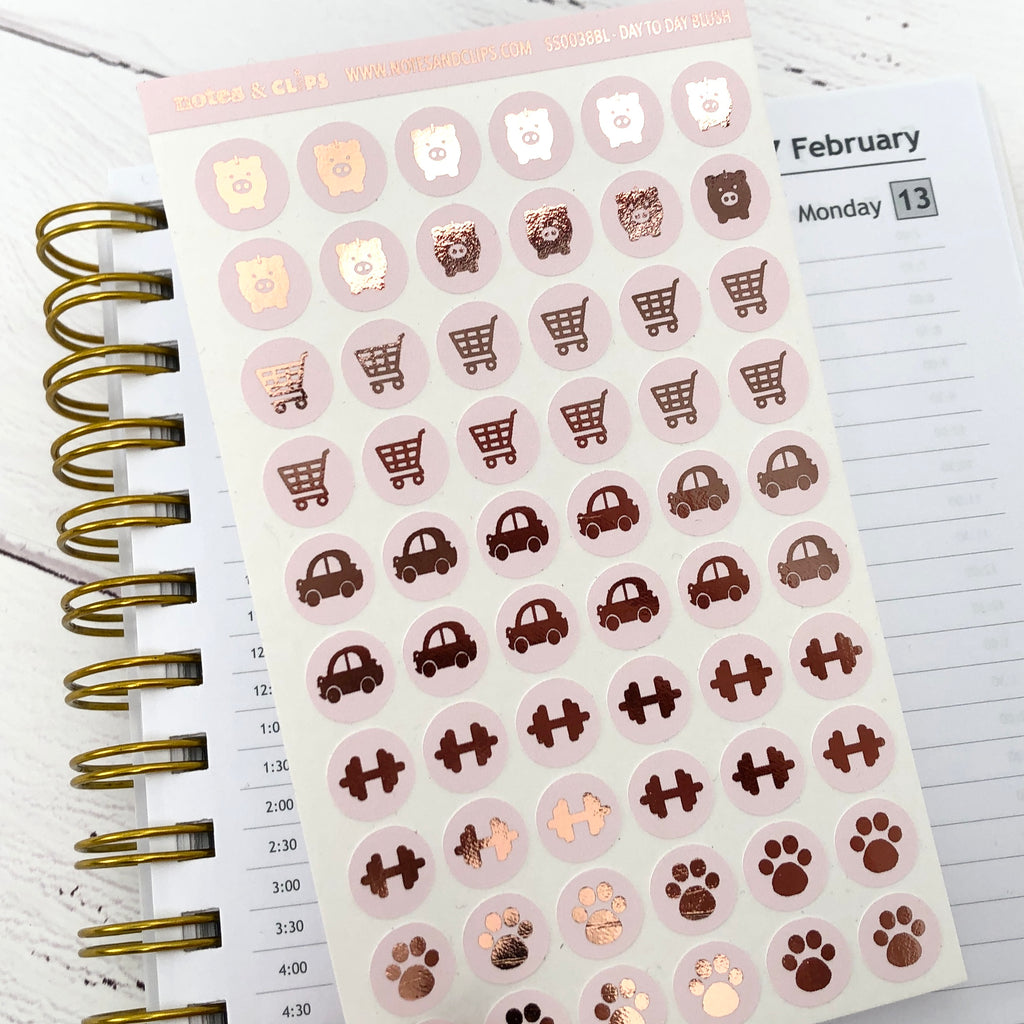 Blush and Rose Gold Foil Day to Day Stickers - Notes & Clips