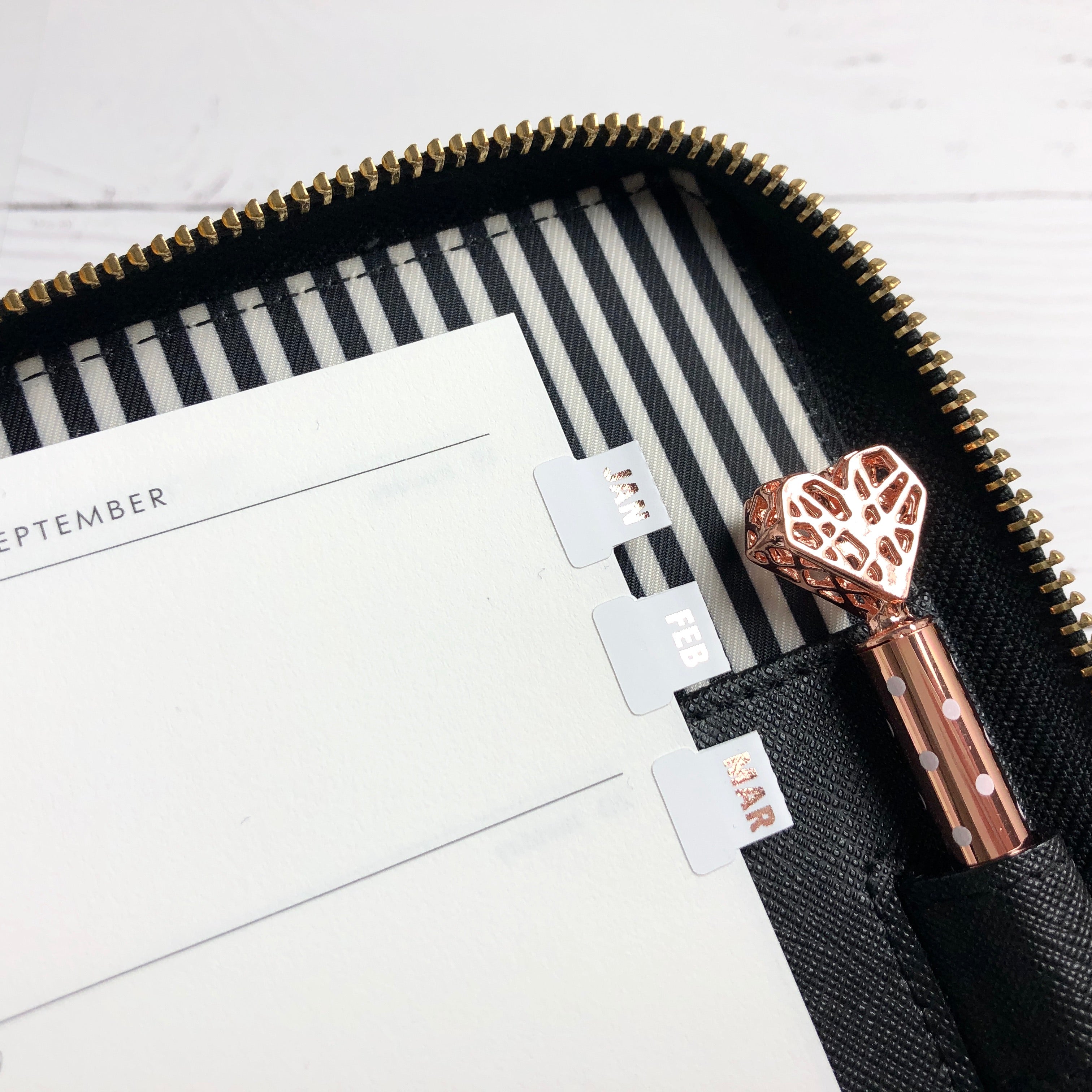 White & Rose Gold Small Monthly Tab Stickers - Notes & Clips