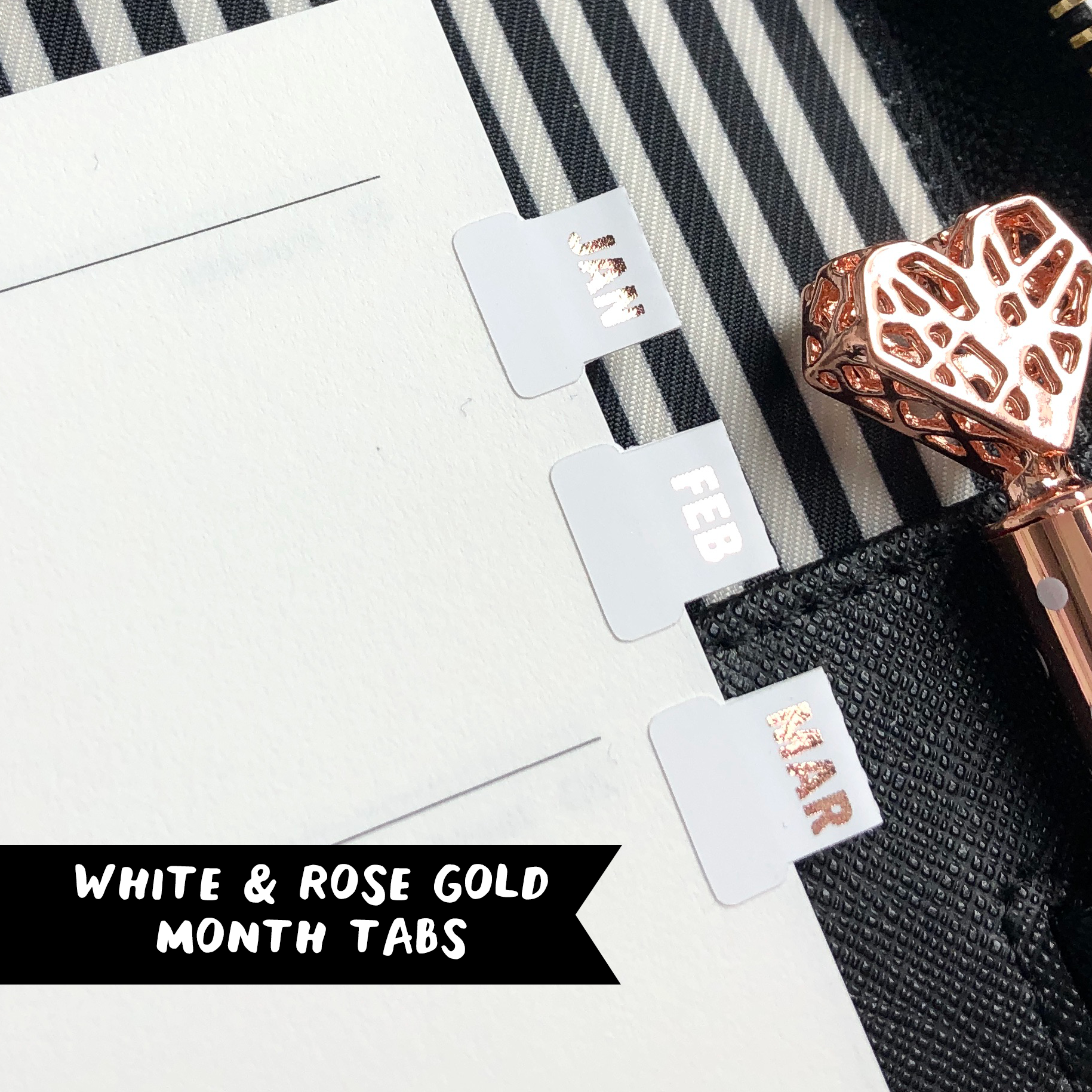 White & Rose Gold Small Monthly Tab Stickers - Notes & Clips