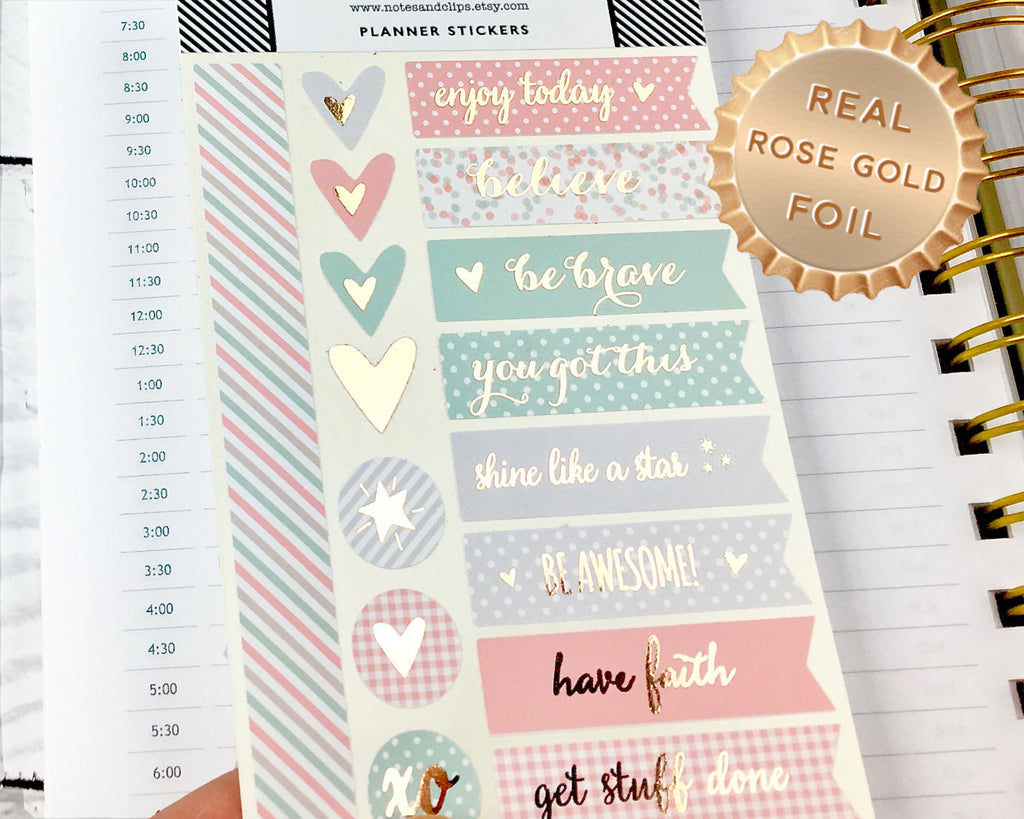 Inspirational Rose Gold Foil Stickers - Notes & Clips